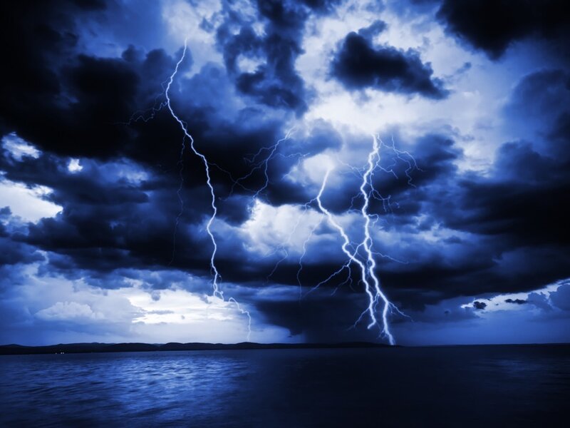 Lightning over Ocean — Blue, Dramatic, Night, Photograph