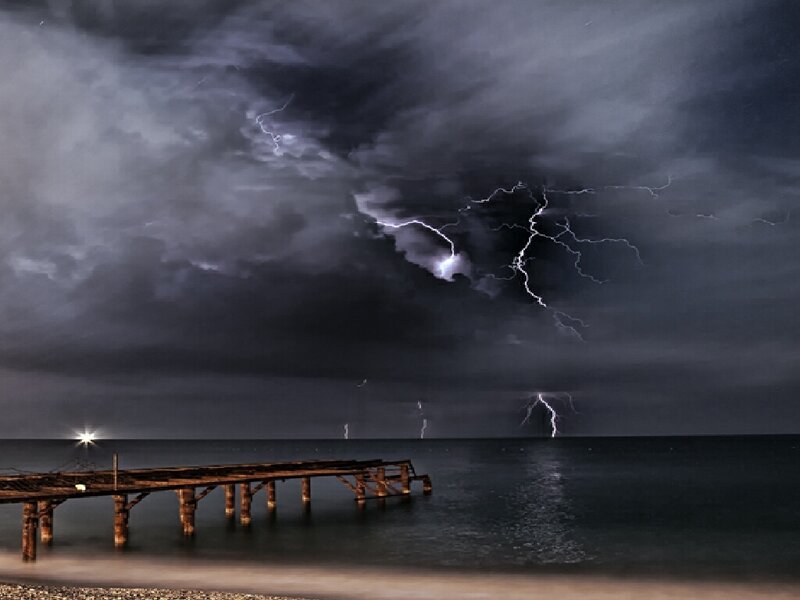 Lightning over Ocean — Gray, Dramatic, Night, Photograph, Pier
