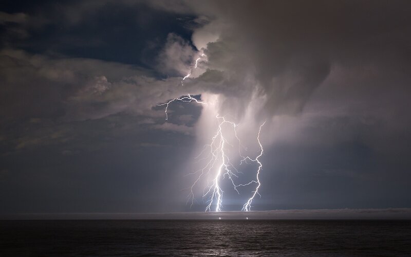 Lightning over Ocean — Gray, Dramatic, Night