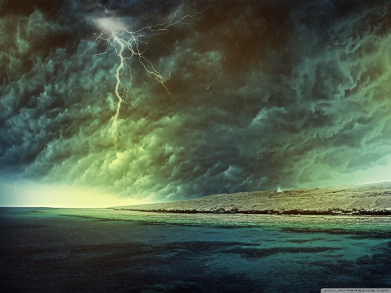 Lightning over Ocean — Green, Dramatic