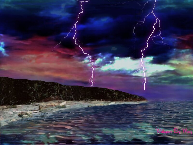 Lightning over Ocean — Purple, Dramatic, Night, Digital Art