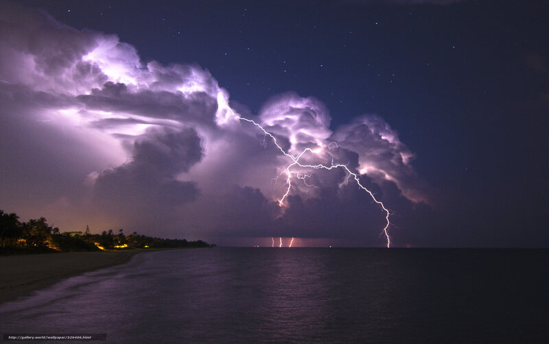 Lightning over Ocean — Purple, Dramatic, Night, Photograph, Clouds, Beach