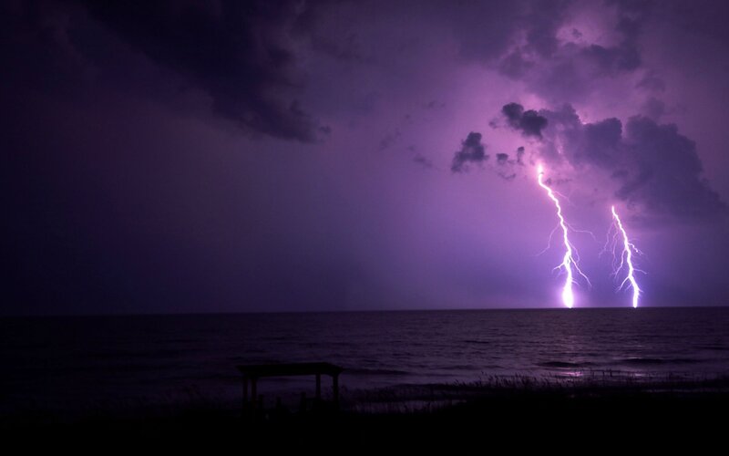 Lightning over Ocean — Purple, Dramatic, Night, Photograph, Clouds, Sea
