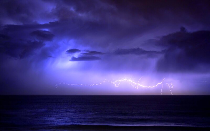 Lightning over Ocean — Purple, Dramatic, Night, Photograph, Clouds, Storm