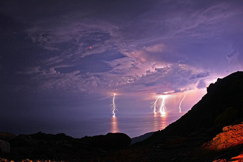 Lightning over Ocean — Purple, Dramatic, Night, Photograph, Clouds
