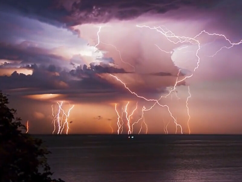 Lightning over Ocean — Purple, Dramatic, Night, Photograph, Clouds, Trees