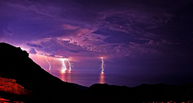 Lightning over Ocean — Purple, Dramatic, Night, Photograph, Mountain, Clouds, Moon, Black