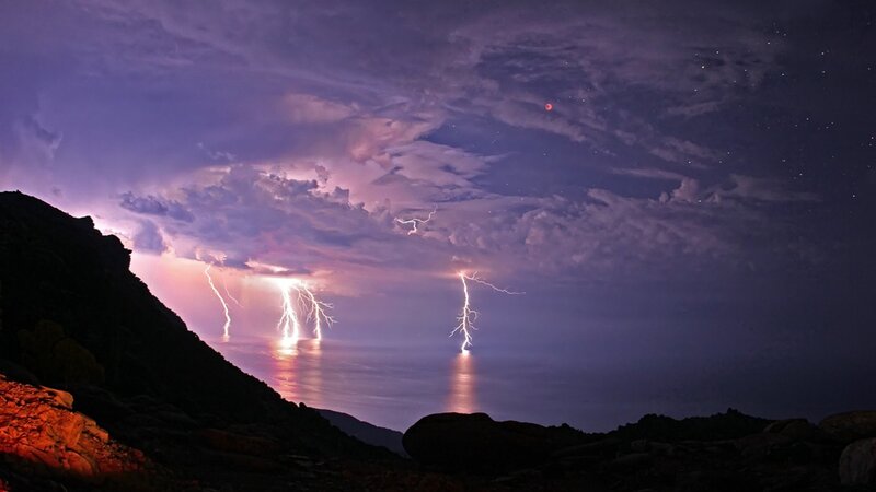 Lightning over Ocean — Purple, Dramatic, Night, Photograph, Mountain, Clouds