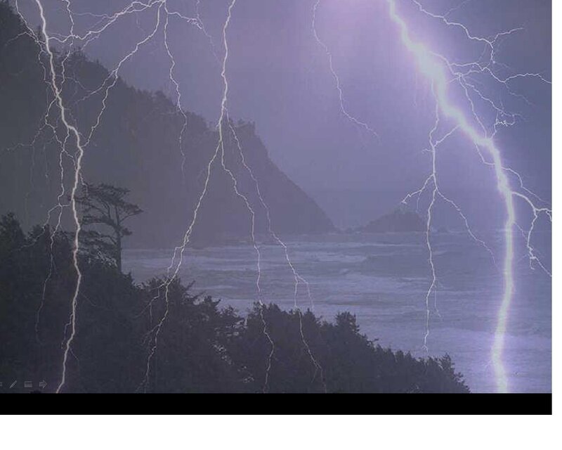 Lightning over Ocean — Purple, Dramatic, Night, Photograph, Mountain, Trees