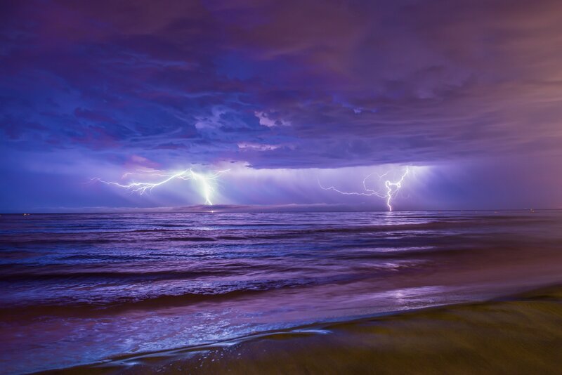 Lightning over Ocean — Purple, Dramatic, Night, Photograph, Sky, Clouds