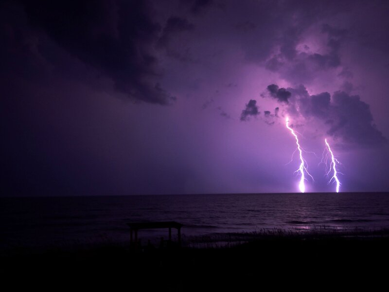 Lightning over Ocean — Purple, Dramatic, Night, Photograph, Sky, Pavilion