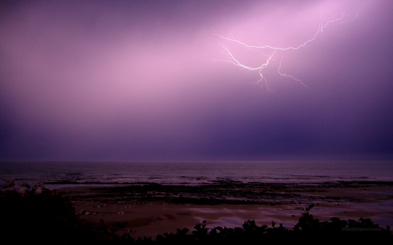 Lightning over Ocean — Purple, Dramatic, Night, Photograph, Sky