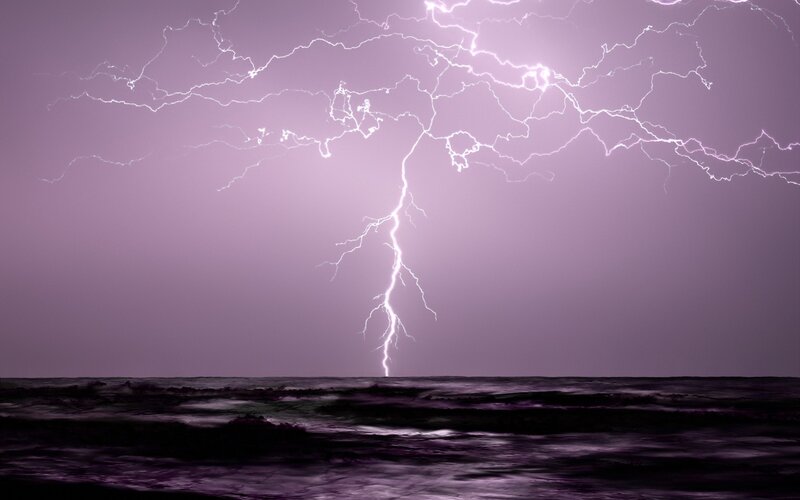 Lightning over Ocean — Purple, Dramatic, Night, Photograph, Sky, White