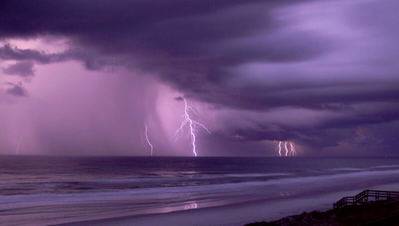 Lightning over Ocean — Purple, Dramatic, Night, Photograph, Storm Clouds