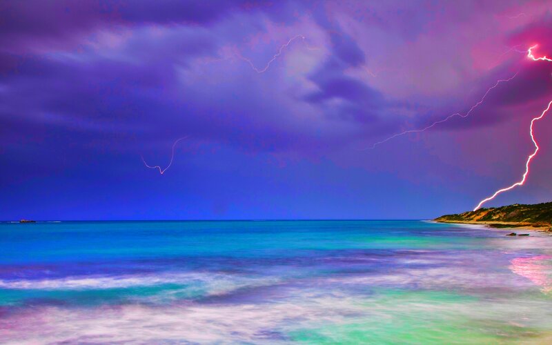 Lightning over Ocean — Purple, Dramatic, Night, Photograph, Storm