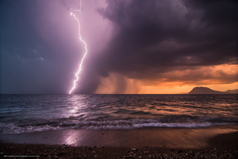 Lightning over Ocean — Purple, Dramatic, Sunset, Photograph