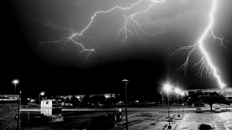 Lightning over Parking Lot — Black, Dramatic