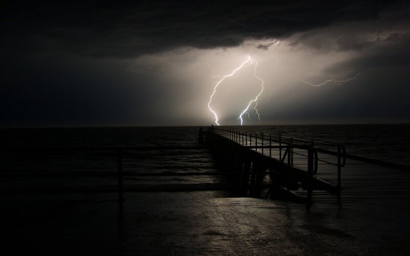 Lightning over Pier — Black, Dramatic, Night