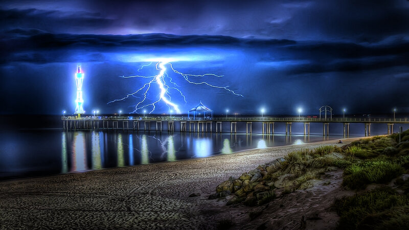 Lightning over Pier — Blue
