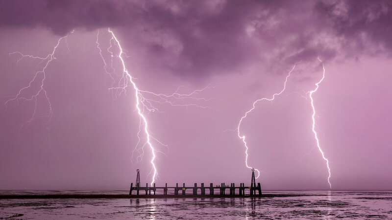 Lightning over Pier — Purple, Dramatic