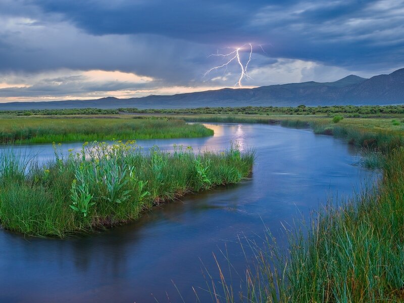 Lightning over River — Blue, Dramatic, Night, Photograph