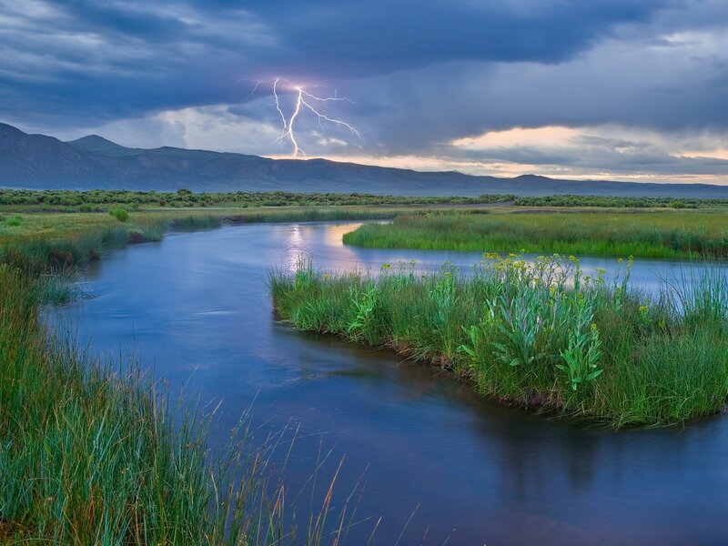 Lightning over River — Blue, Dramatic, Sunset