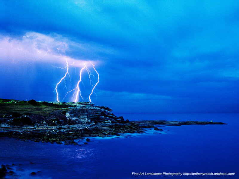 Lightning over Rocky Coast — Blue