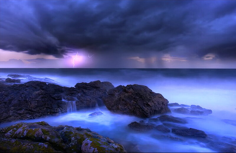 Lightning over Rocky Shore — Blue