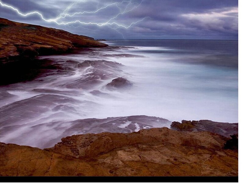 Lightning over Rocky Shore — Gray