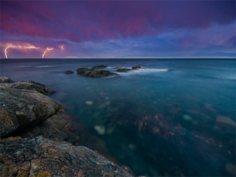 Lightning over Rocky Shore — Purple