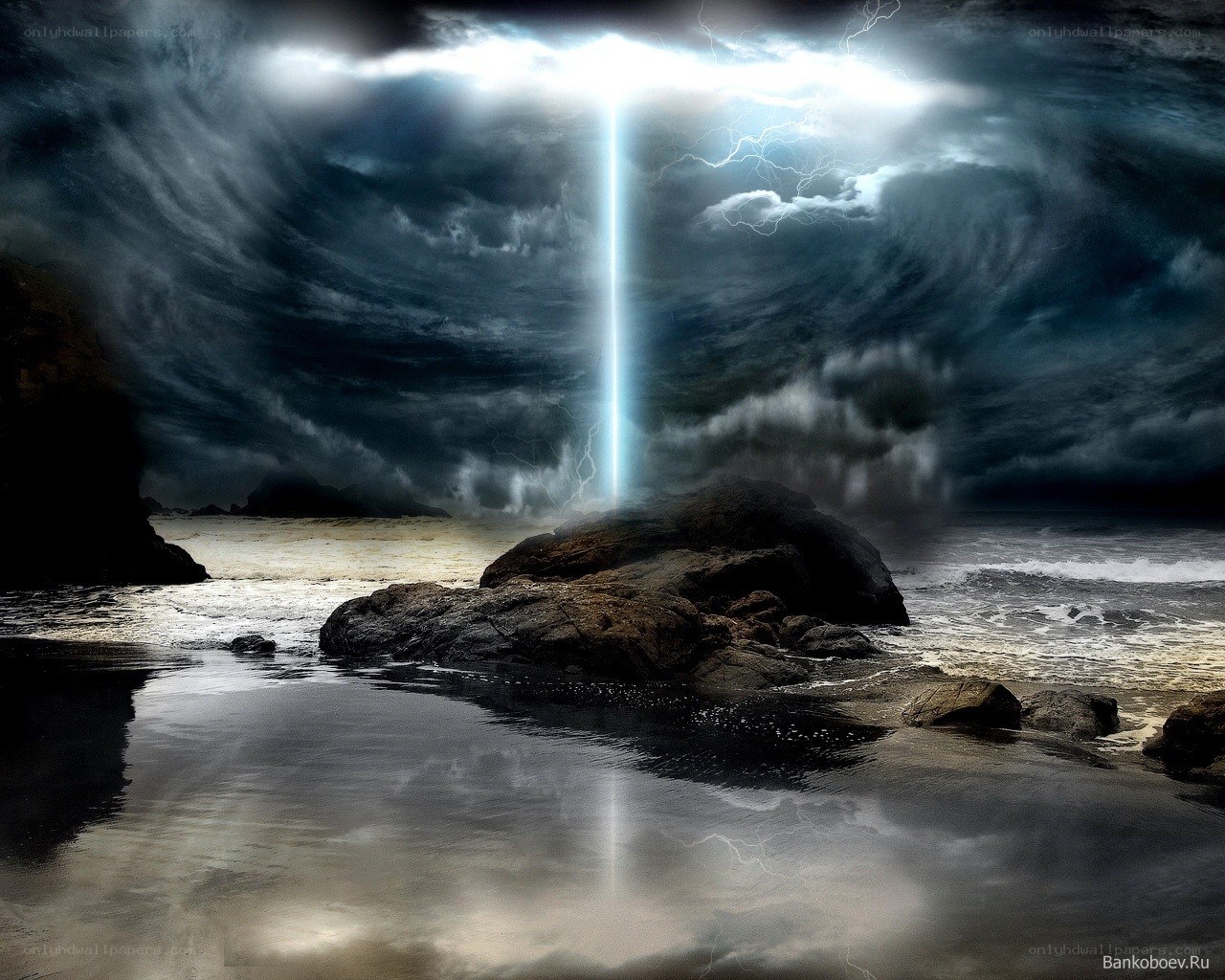 Lightning over rocky shore
