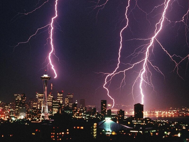Lightning over Seattle skyline
