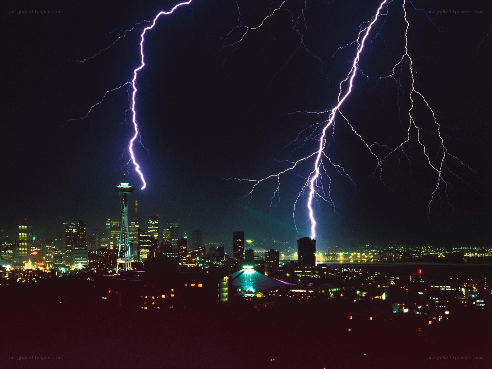Lightning over Seattle skyline