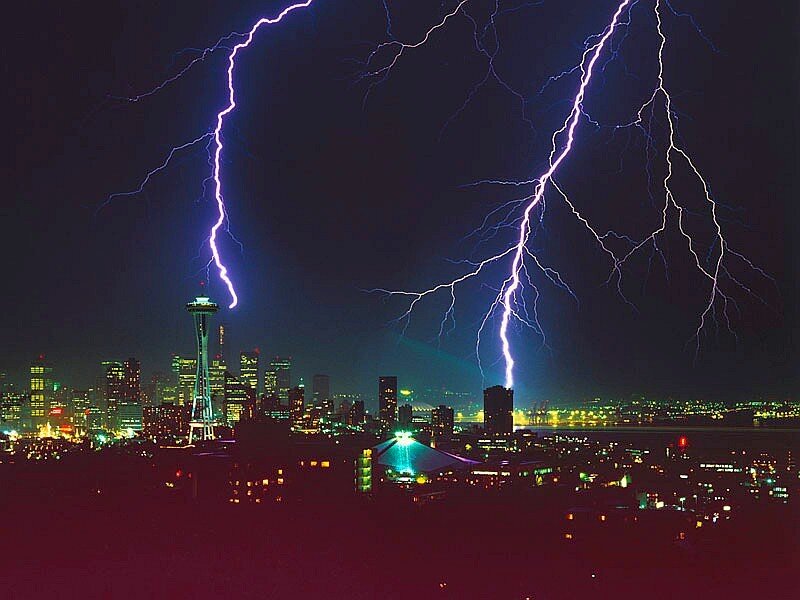 Lightning over Seattle skyline
