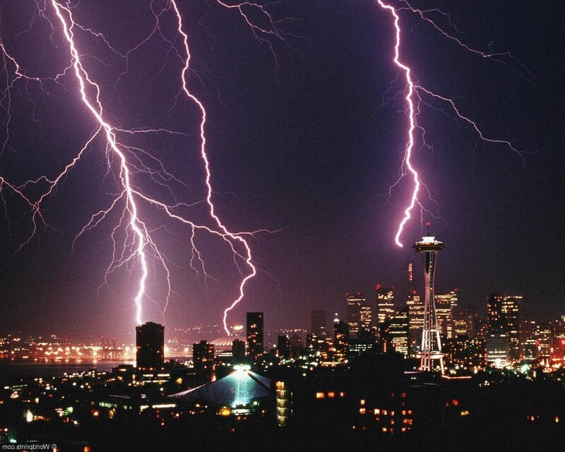 Lightning over Seattle skyline