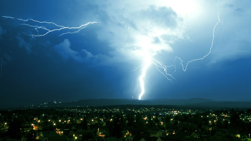 Lightning over Town — Blue, Dramatic