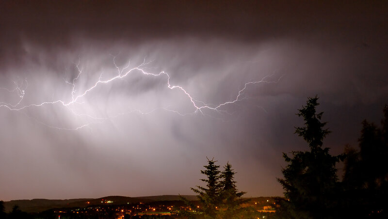 Lightning over Town — Gray, Dramatic