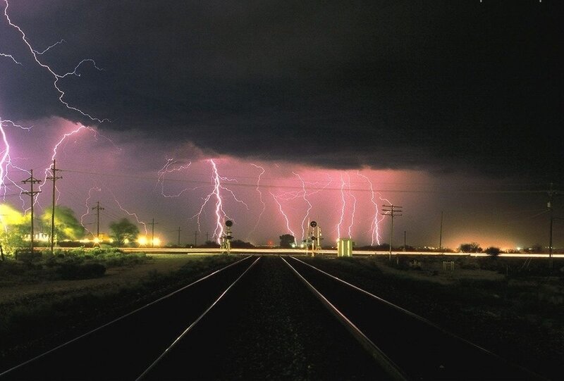 Lightning over Train Tracks