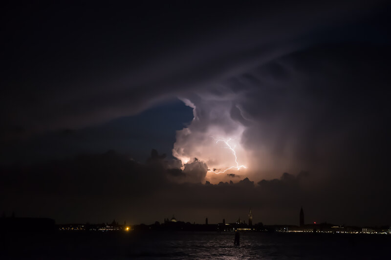 Lightning over Venice at night