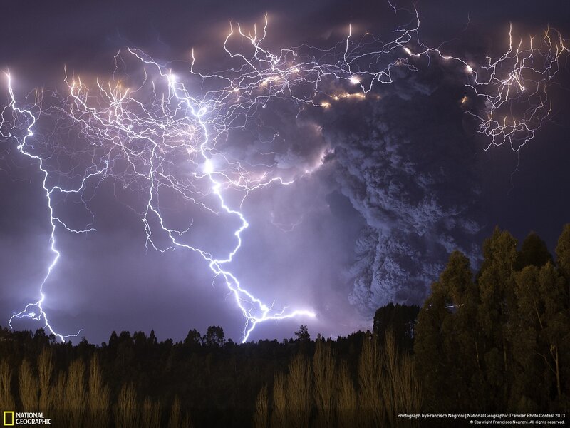 Lightning over volcanic eruption