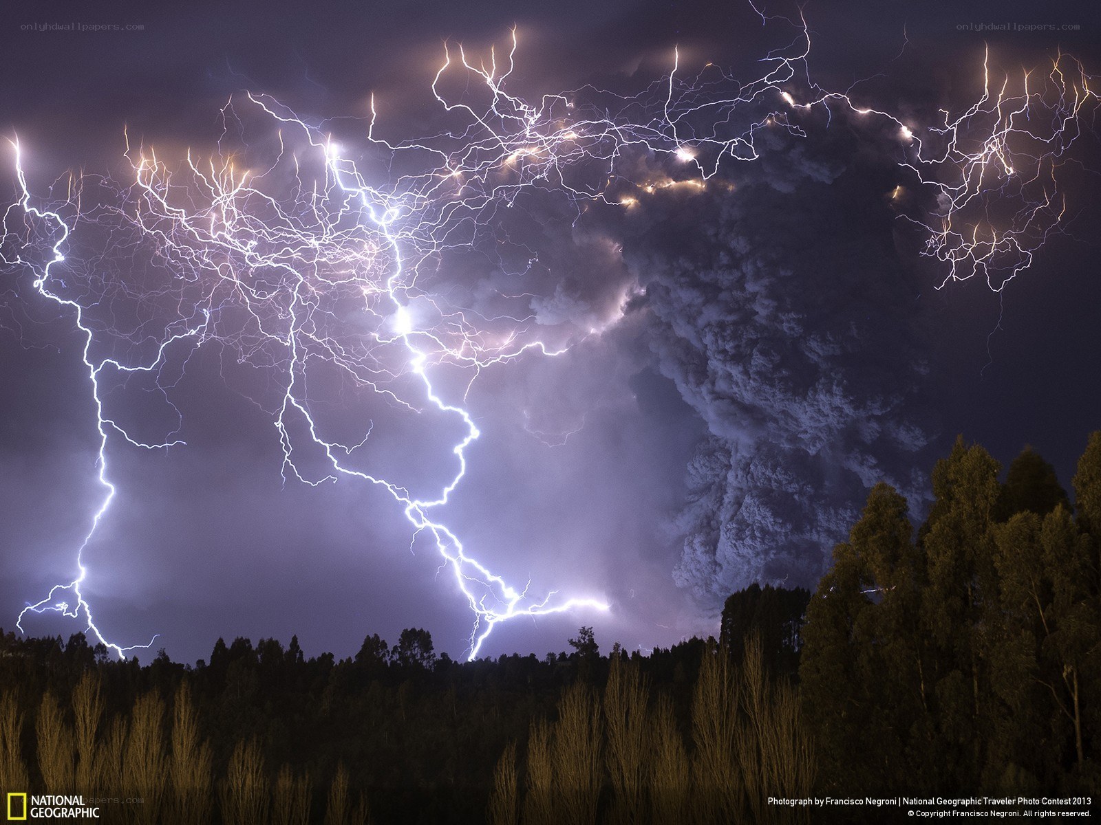 Lightning over volcanic eruption