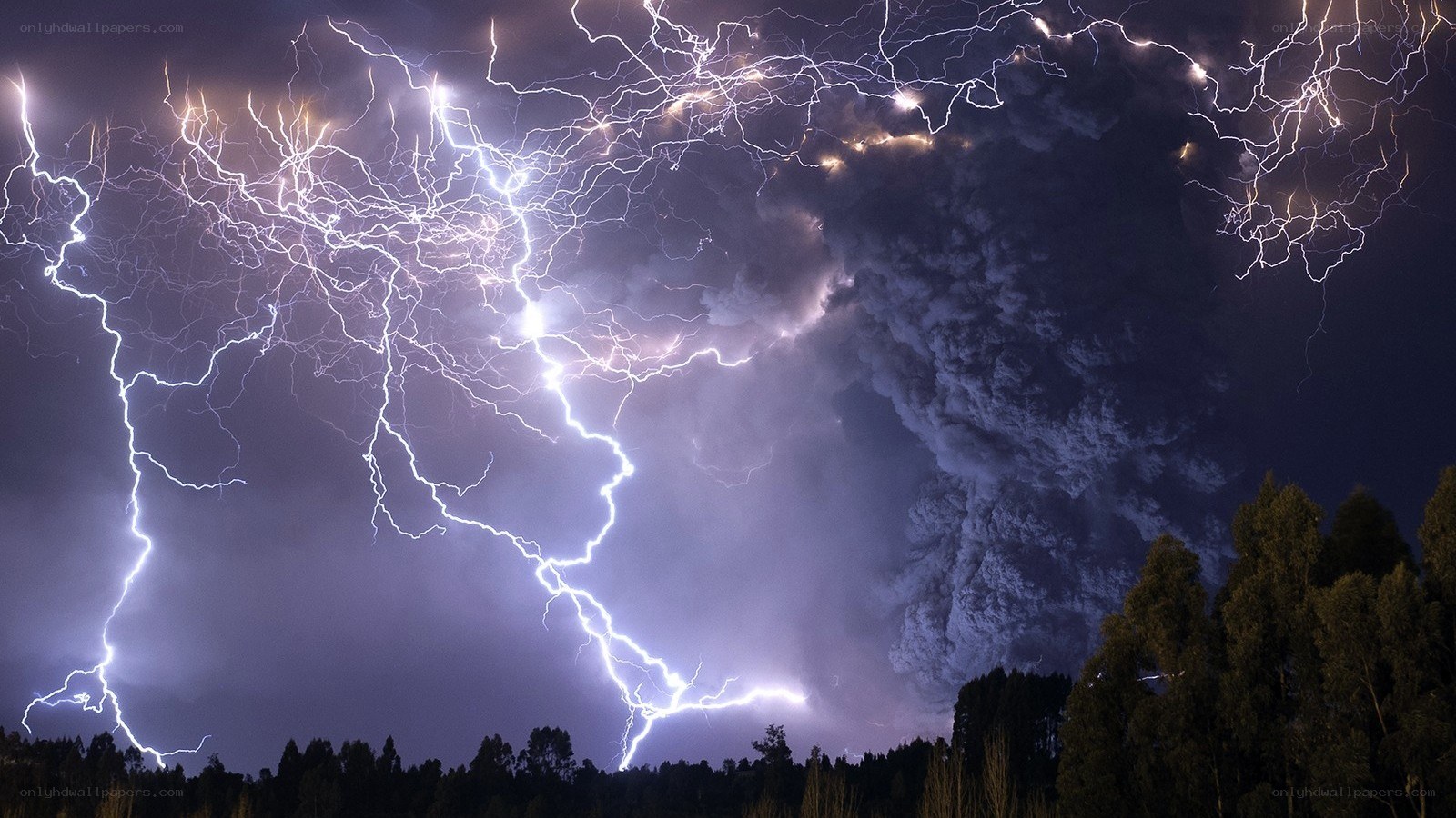 Lightning over volcanic eruption