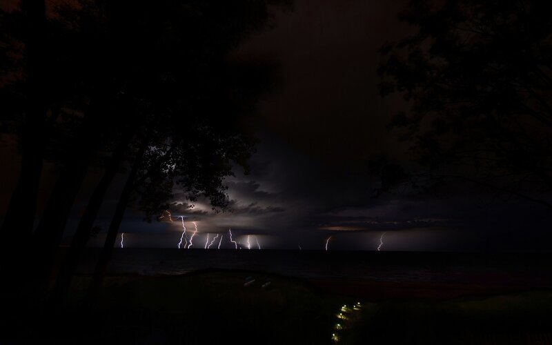 Lightning over Water — Black, Dramatic, Night, Photograph, Trees, Sky