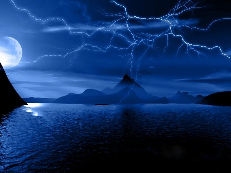 Lightning over Water — Blue, Dramatic, Night, Digital Art