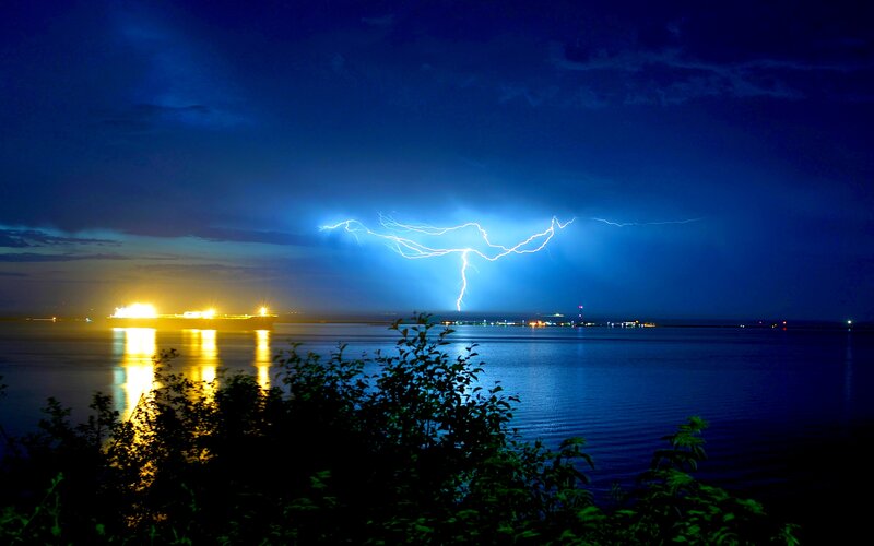 Lightning over Water — Blue, Dramatic, Night, Photograph, Boat