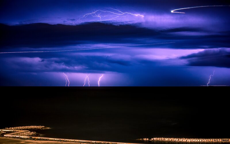 Lightning over Water — Blue, Dramatic, Night, Photograph, Clouds, Pier