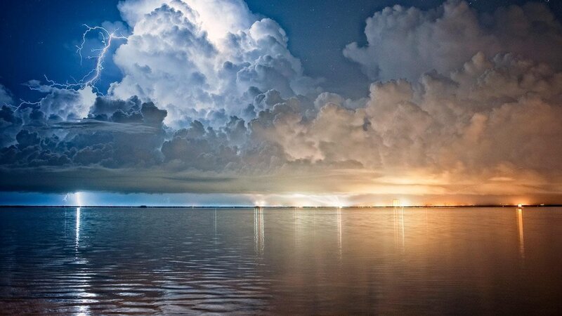 Lightning over Water — Blue, Dramatic, Night, Photograph, Clouds, Storm, City Lights