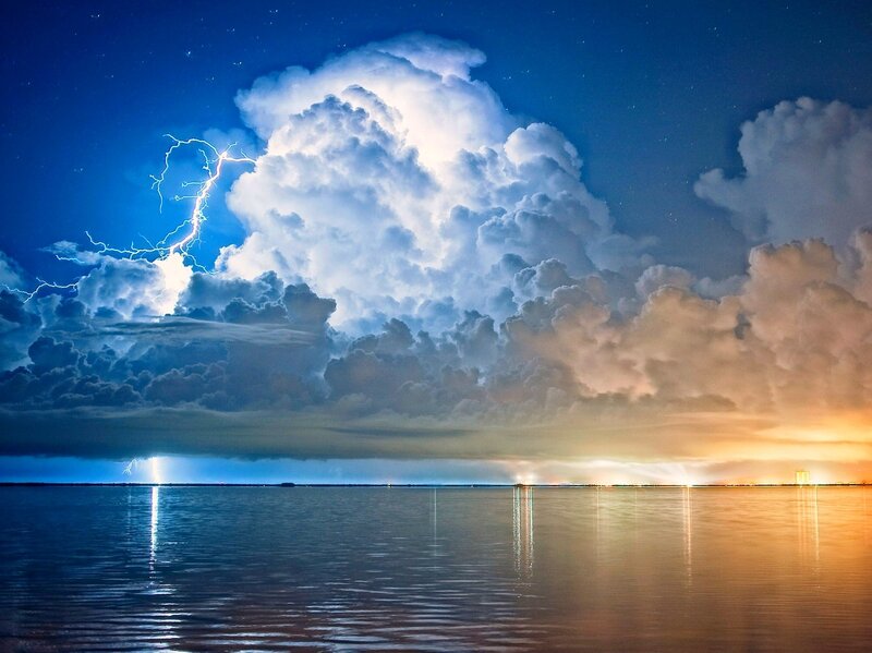Lightning over Water — Blue, Dramatic, Night, Photograph, Clouds, Storm, Sky