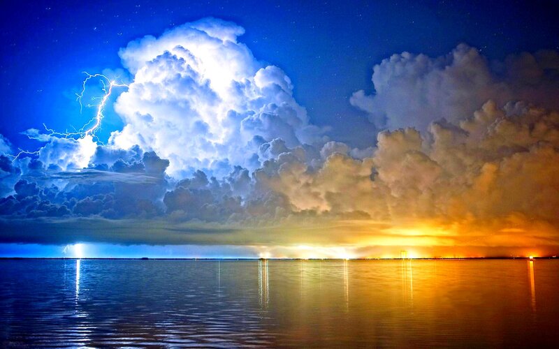 Lightning over Water — Blue, Dramatic, Night, Photograph, Clouds, Storm