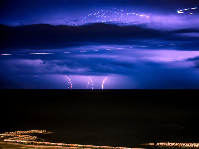Lightning over Water — Blue, Dramatic, Night, Photograph, Clouds